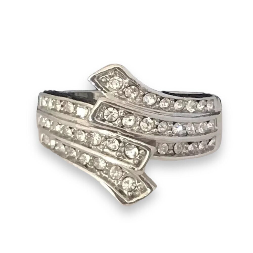New Statement Ring Silver Tone Pave Crystal Wrap Design - 4N
